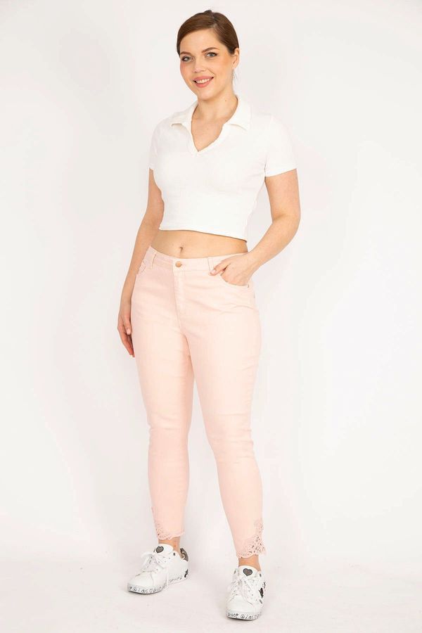 Şans Şans Women's Pink Large Size Jeans with Lace Detail