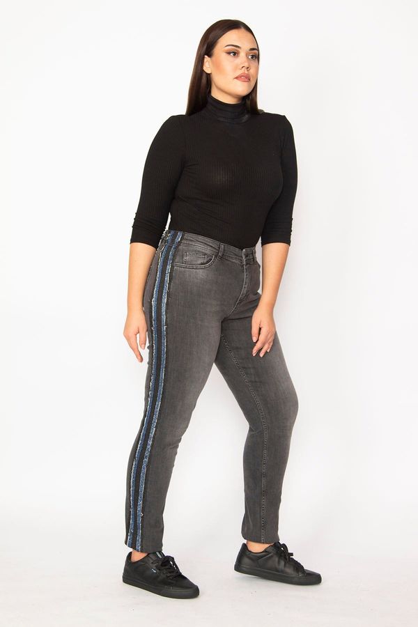 Şans Şans Women's Plus Size Anthracite Glitter Striped 5-Pocket Lycra Jeans