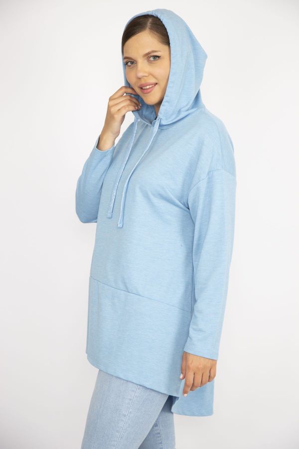 Şans Şans Women's Plus Size Baby Blue Long Back Hooded Sweatshirt