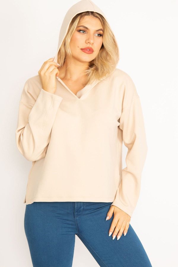 Şans Şans Women's Plus Size Beige Hooded Side Slit Lycra Sweatshirt