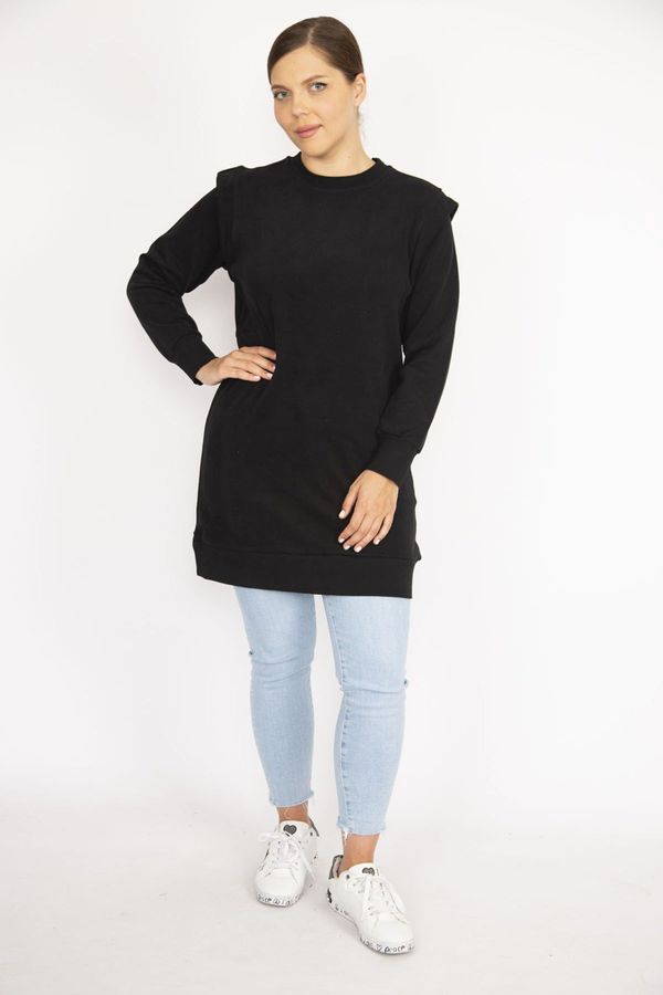 Şans Şans Women's Plus Size Black 3 Thread Shoulder Detailed Sweatshirt Dress