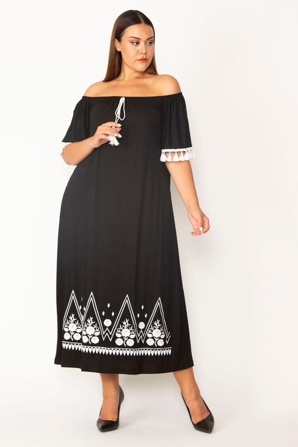 Şans Şans Women's Plus Size Black Collar Elastic And Embroidery Detail Viscose Dress