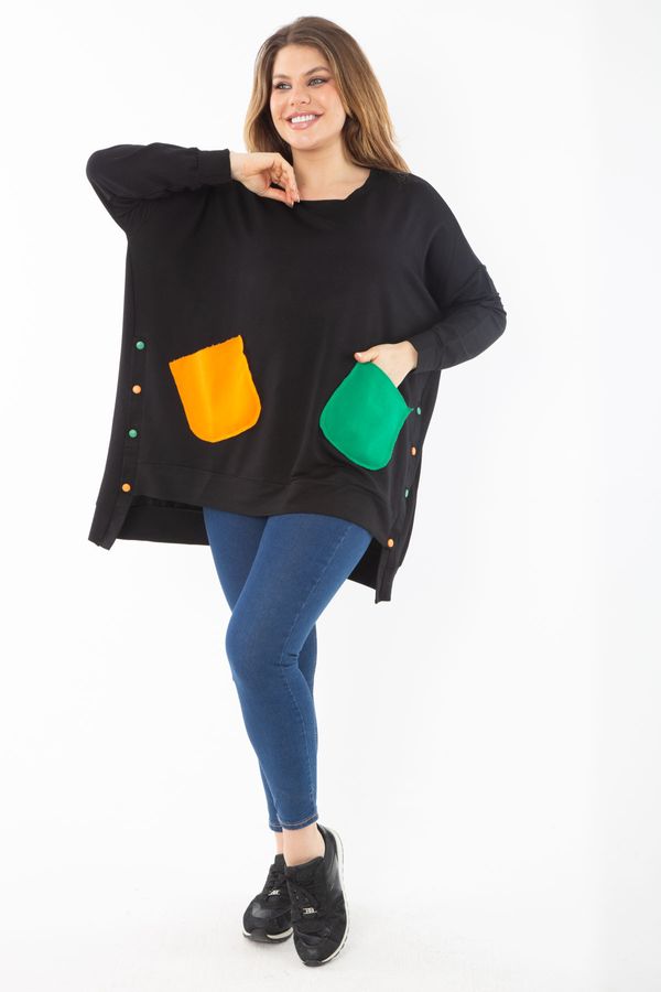 Şans Şans Women's Plus Size Black Comfortable Cut Color Combination Sweatshirt