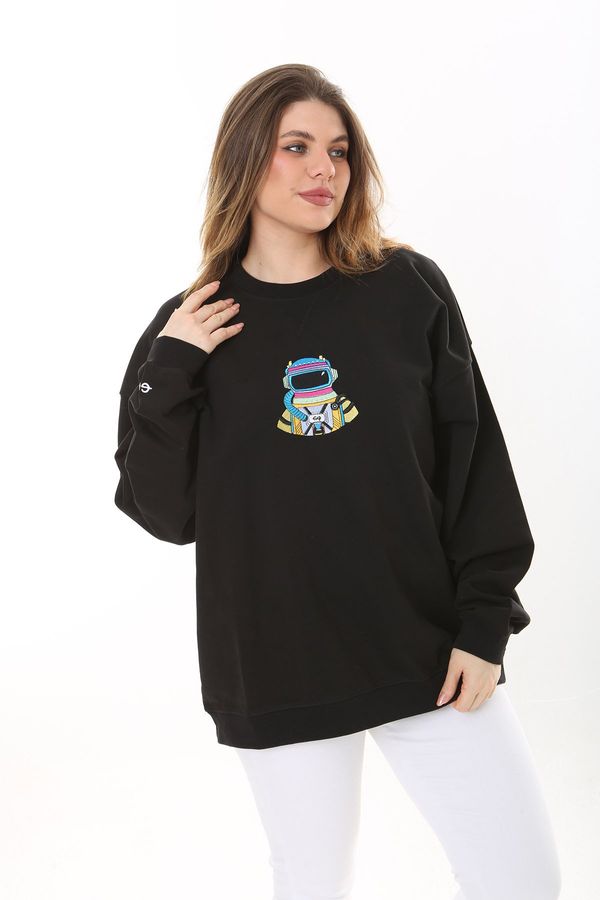 Şans Şans Women's Plus Size Black Cotton Fabric Embroidered Sweatshirt
