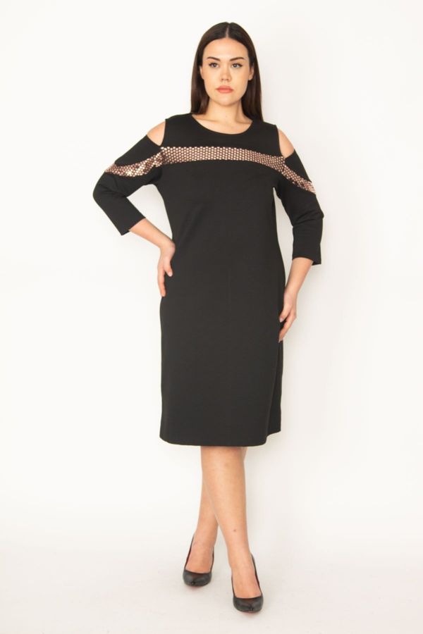 Şans Şans Women's Plus Size Black Decollete Decollete Stone Detailed Dress
