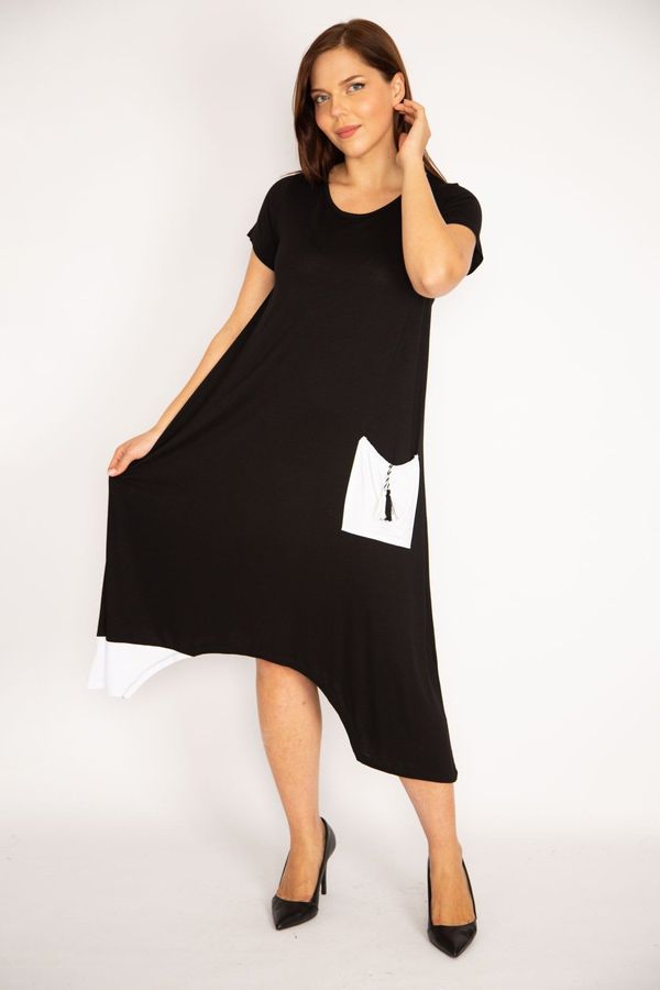 Şans Şans Women's Plus Size Black Dress with Pocket Detailed and Garnish