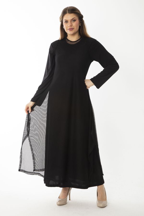 Şans Şans Women's Plus Size Black Evening Dress With Fishnet Underwear Double Dress