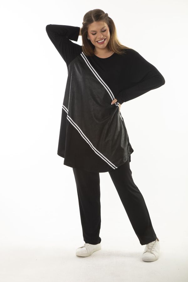 Şans Şans Women's Plus Size Black Faux Leather And Stripe Detailed Sweatshirt Trousers Double Suit