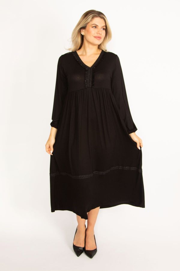 Şans Şans Women's Plus Size Black Flared Detailed Long Sleeve Layered Dress