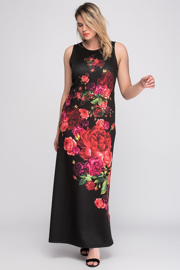 Şans Şans Women's Plus Size Black Floral Patterned Long Dress