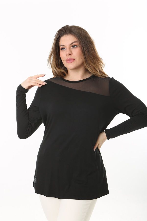 Şans Şans Women's Plus Size Black Front And Back Tulle Detail Long Sleeve Blouse