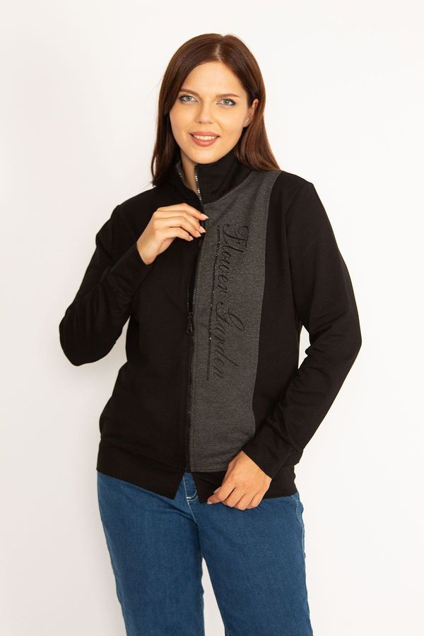 Şans Şans Women's Plus Size Black Front Zipper And Stone Detailed Sweatshirt