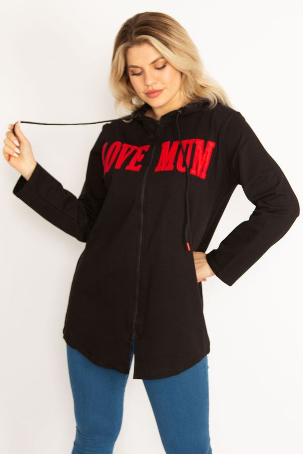 Şans Şans Women's Plus Size Black Hooded Front Zipper And Print Detailed Sweatshirt
