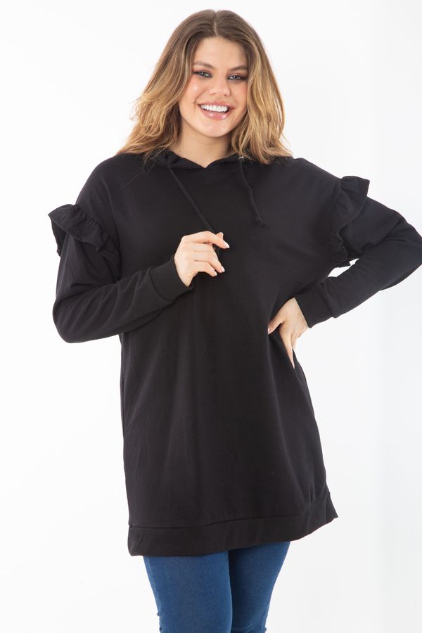 Şans Şans Women's Plus Size Black Inner Raising Three Thread Sleeve Detailed Hooded Sweatshirt