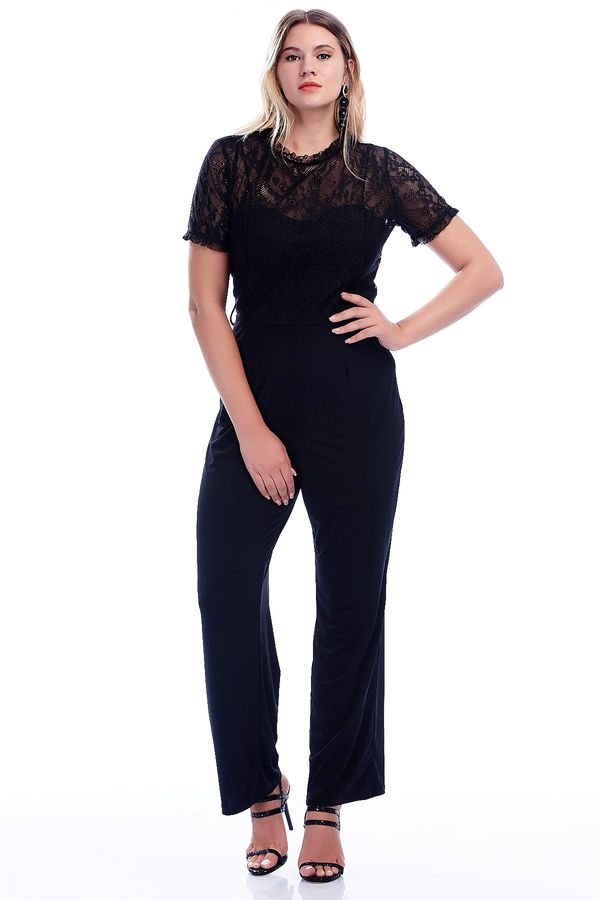 Şans Şans Women's Plus Size Black Jumpsuit with Lace Top