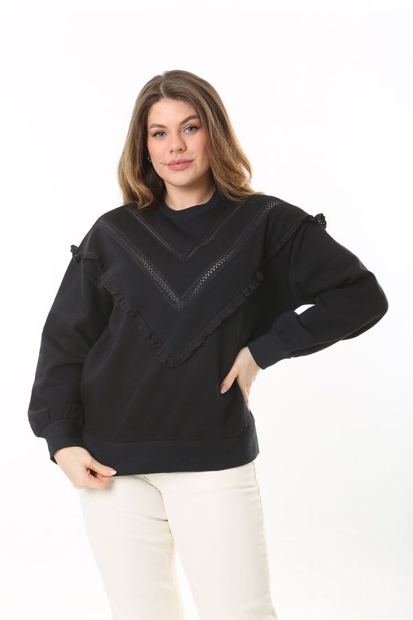Şans Şans Women's Plus Size Black Lace And Ruffle Detail Inner Raising Sweatshirt