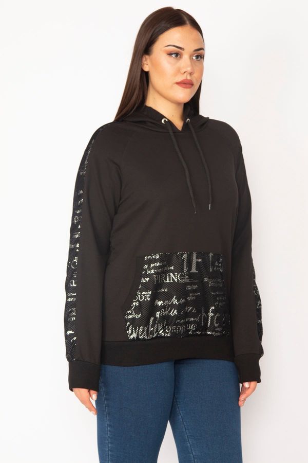 Şans Şans Women's Plus Size Black Lacquer Print And Mesh Detailed Hooded Kangaroo Pocket Sweatshirt