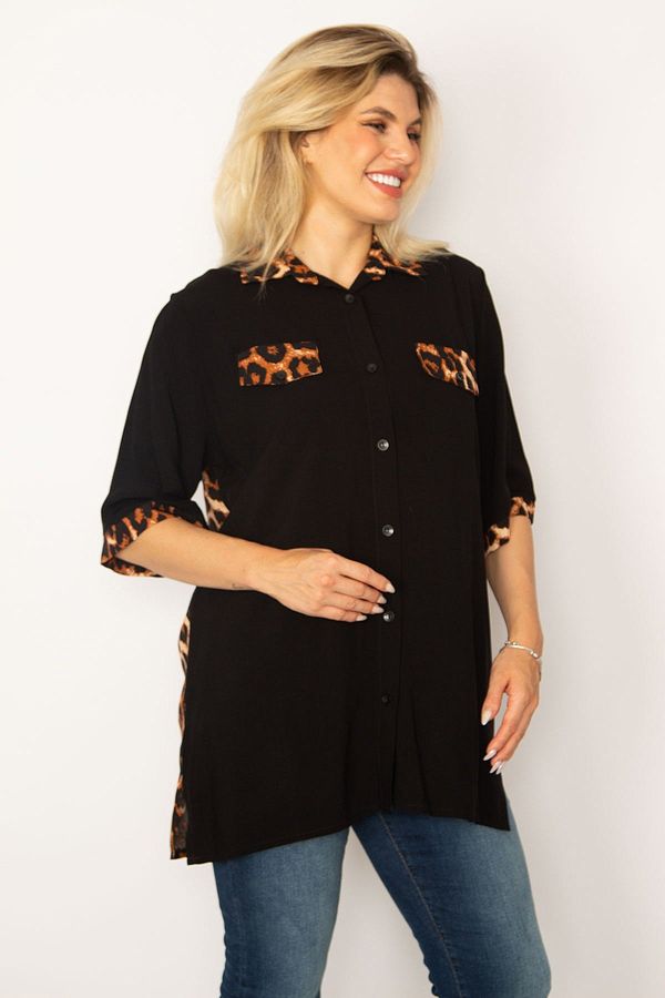 Şans Şans Women's Plus Size Black Loopard Shirt With Garnish Woven Viscose Fabric