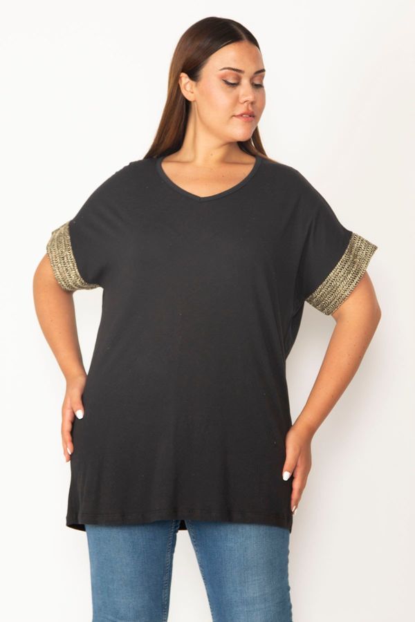 Şans Şans Women's Plus Size Black Low-Sleeve Blouse with Glitter Details on the sleeves