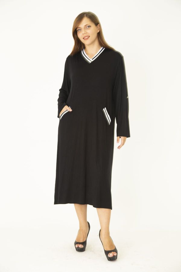 Şans Şans Women's Plus Size Black Rib Detail V-neck Dress with Adjustable Sleeve Length and Pocket.