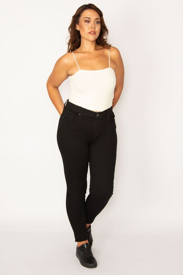 Şans Şans Women's Plus Size Black Side Belt Elastic Detail 5 Pocket Skinny Jeans 65n34121