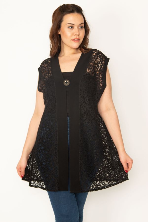 Şans Şans Women's Plus Size Black Stone Brooch Lace Cardigan with Buttons