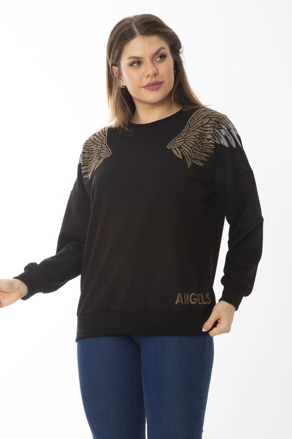 Şans Şans Women's Plus Size Black Stone Detailed Sweatshirt