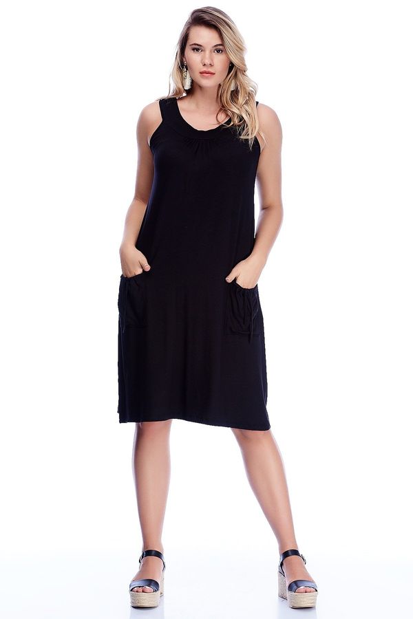 Şans Şans Women's Plus Size Black Viscose Pocket Casual Cut Dress