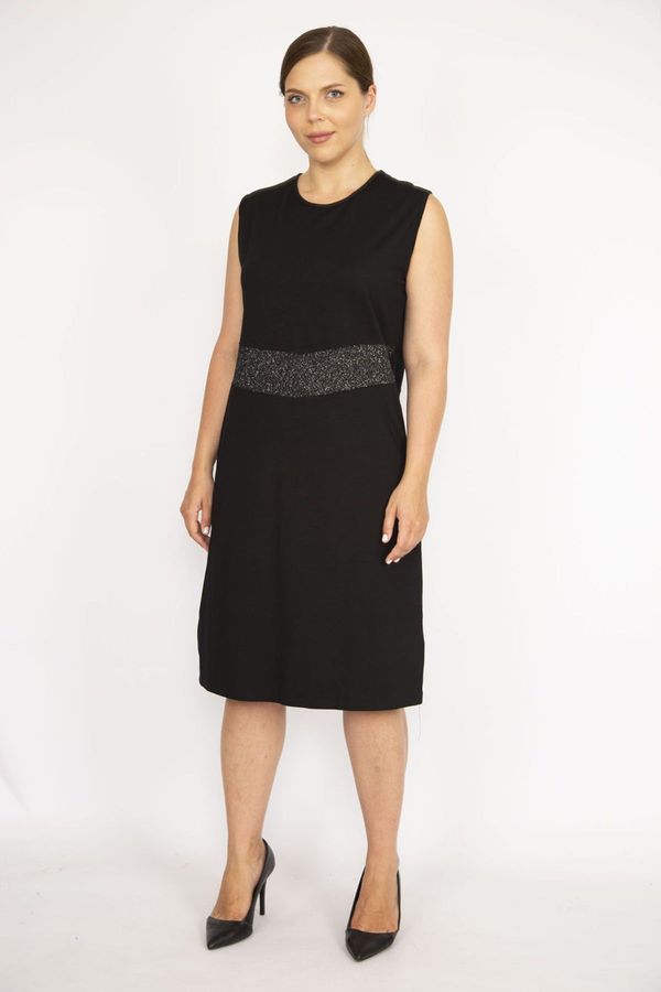 Şans Şans Women's Plus Size Black Waist Part Glitter Detailed Dress