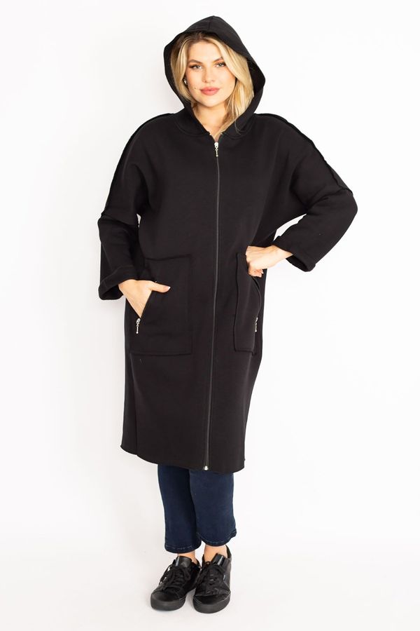 Şans Şans Women's Plus Size Black Zipper And Hood Detailed Coat