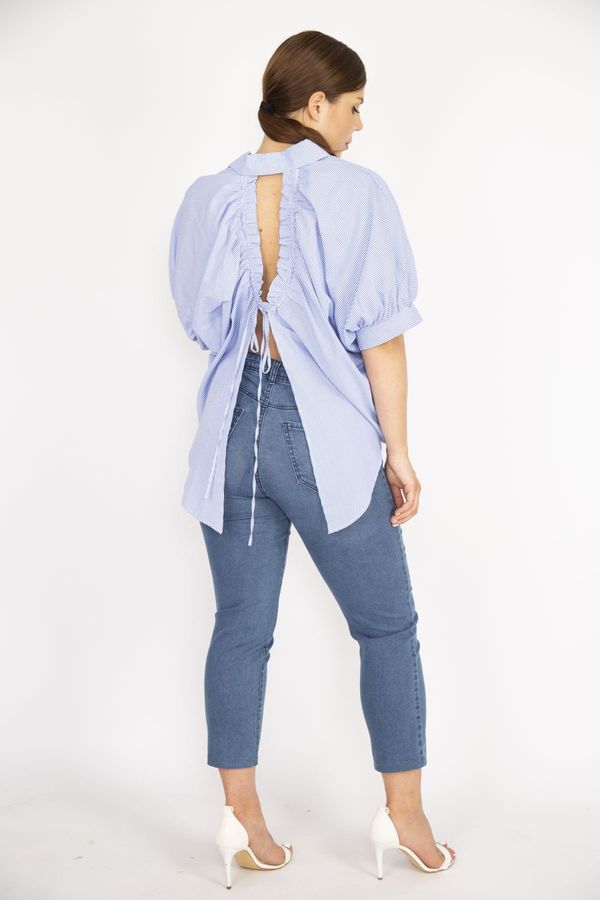 Şans Şans Women's Plus Size Blue Back Slit And Lace Detail Front Buttoned Shirt