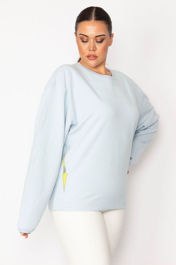 Şans Şans Women's Plus Size Blue Cotton Fabric Crew Neck Print Detail Sweatshirt