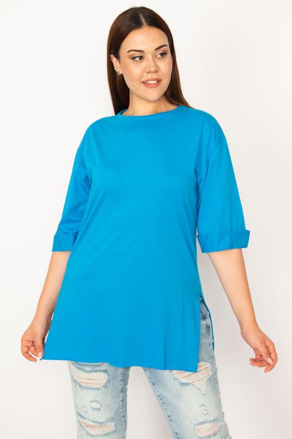 Şans Şans Women's Plus Size Blue Double Sleeve Side Slit Blouse