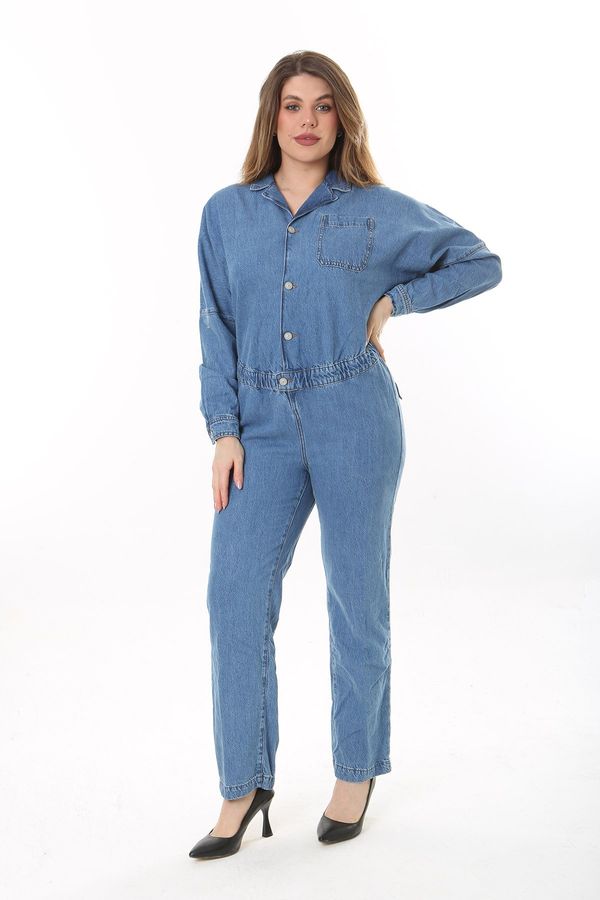 Şans Şans Women's Plus Size Blue Front Buttoned Waist Elastic Detailed Chest And Back Pocket Denim Jumpsuit
