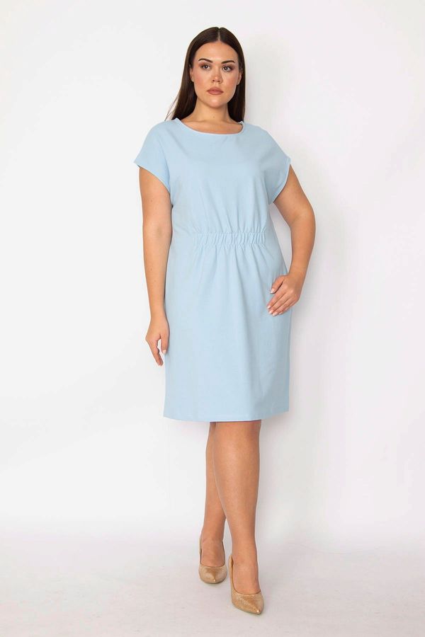 Şans Şans Women's Plus Size Blue Front Waist Elastic Detail Low Sleeve Dress