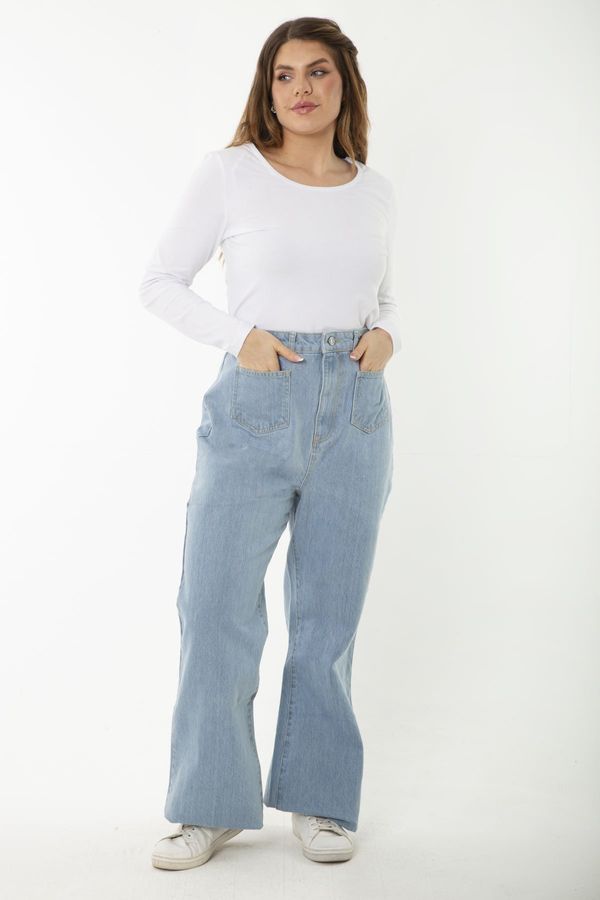 Şans Şans Women's Plus Size Blue High Waist Wide Leg Lycra Free Jeans