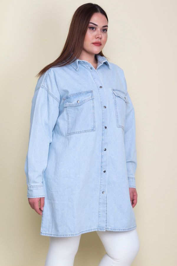 Şans Şans Women's Plus Size Blue Loose Fit Oversized Denim Tunic Jacket with Snap Buttons