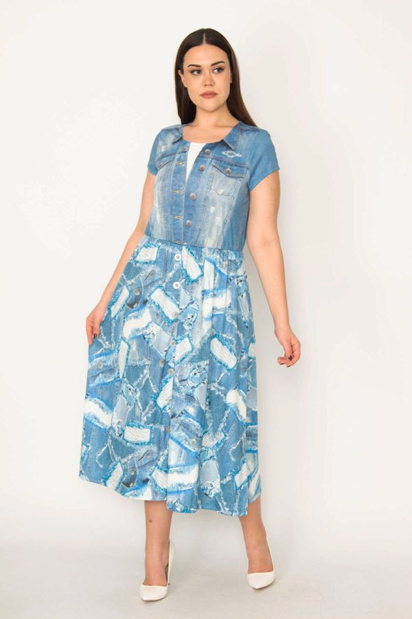 Şans Şans Women's Plus Size Blue Print Detailed Crew Neck Short Sleeve Dress