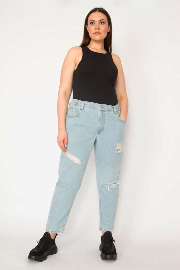 Şans Şans Women's Plus Size Blue Ripped Detailed Side Belt Elastic 5 Pocket Jean Pants