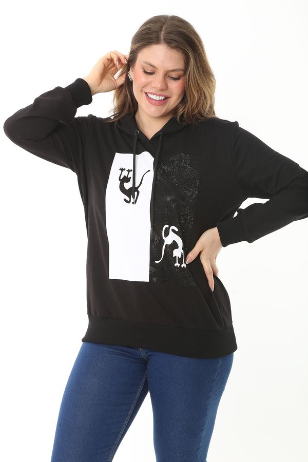 Şans Şans Women's Plus Size Bone Stones And Print Detailed Hooded Sweatshirt