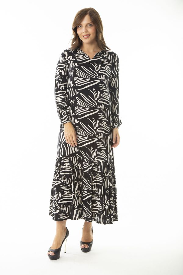 Şans Şans Women's Plus Size Bone Woven Viscose Fabric Long Sleeve Dress With A Layered Hem