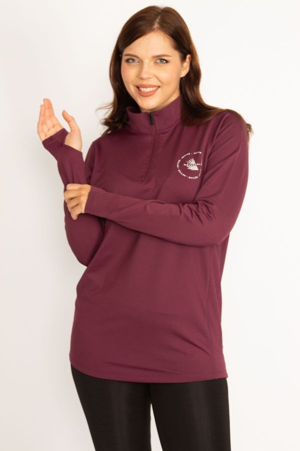 Şans Şans Women's Plus Size Burgundy Front Pat Zipper Underarm Tulle Detailed Sports Sweatshirt