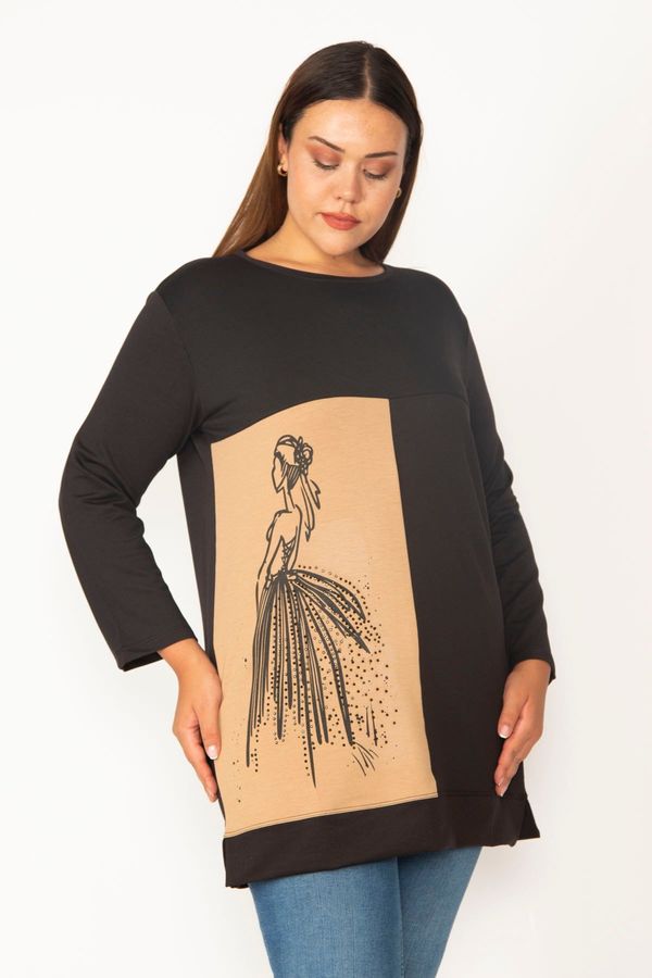 Şans Şans Women's Plus Size Camel Print And Stone Detailed Color Combination Sweatshirt