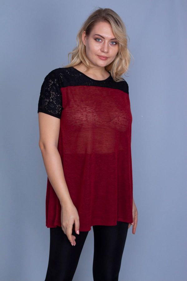 Şans Şans Women's Plus Size Claret Red Blouse with Lace Detail