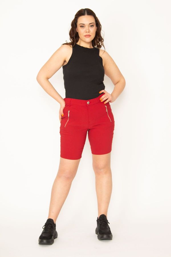Şans Şans Women's Plus Size Claret Red Lycra Bengalin Fabric Zipper Detail Shorts