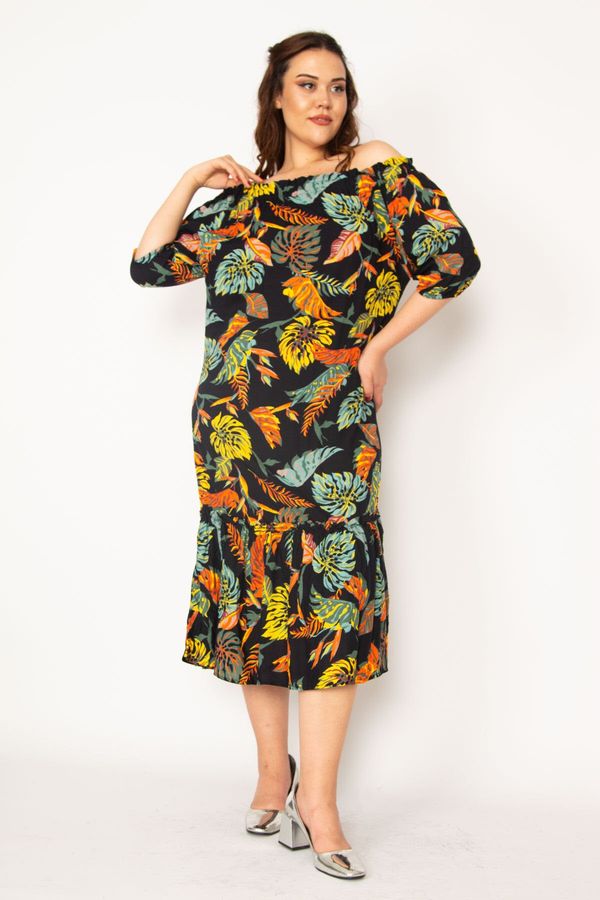 Şans Şans Women's Plus Size Colorful Collar Elastic Hem Layered Woven Viscose Fabric Dress