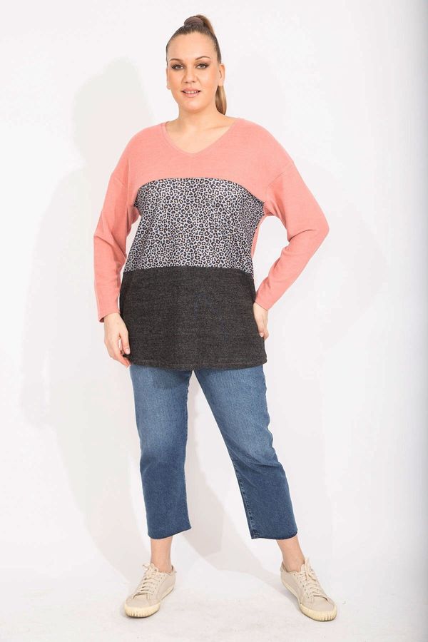 Şans Şans Women's Plus Size Colorful, Comfortable Cut, and Soft Fabric Combined Color and Pattern Sweatshirt