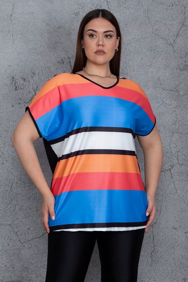 Şans Şans Women's Plus Size Colorful Front Color Combination Low Sleeve Blouse