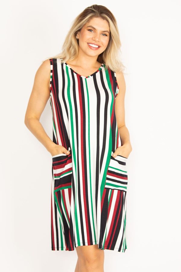 Şans Şans Women's Plus Size Colorful Striped Dress With Pocket Detail