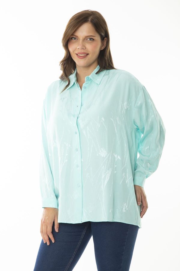 Şans Şans Women's Plus Size Cyan Green Satin Fabric Patterned Long Sleeve Shirt